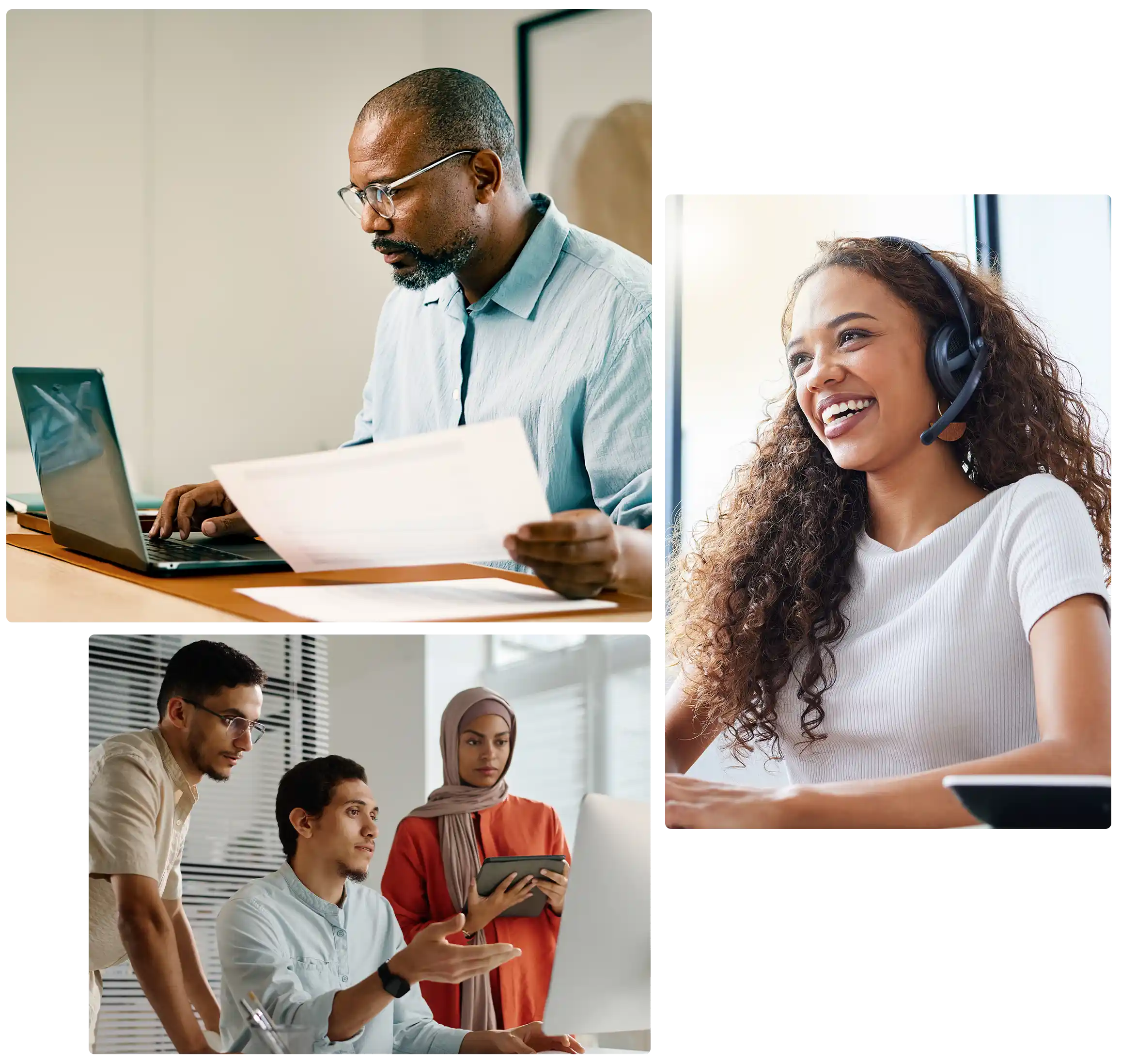 group staff pictures with man using computer for translating documents, woman with headset on an interpretation call, group of 3 working on software localization